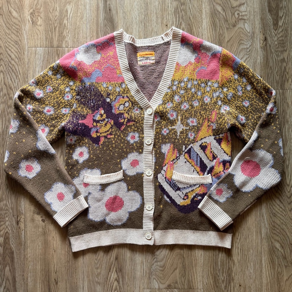 Brown Floral Graphic V-Neck Cardigan Sweater - Unbranded